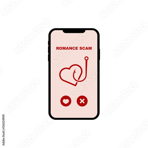 smartphone displays a warning sign about romance scams, highlighting a heart and hook symbol in red.
