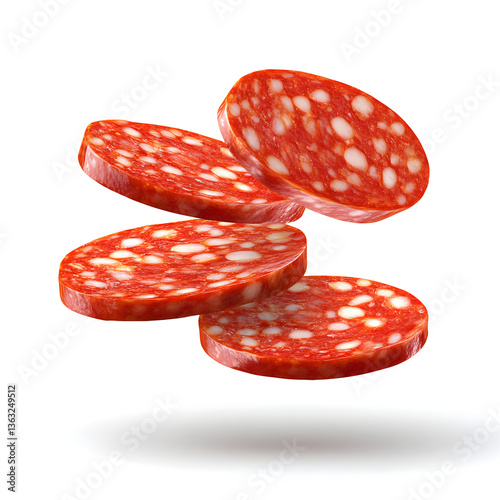 Slices of salami falling against white background photo