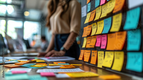 Collaborative brainstorming session at a modern workspace with colorful sticky notes and engaged participants