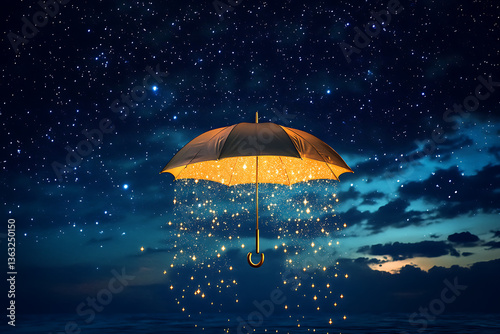 Wallpaper Mural An umbrella made of stars, floating in the night sky with raindrops falling down on it. The background is dark blue, and there's an atmosphere full of magic Torontodigital.ca