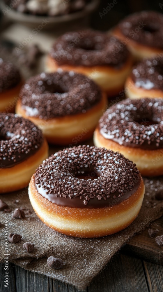 Delicious chocolate glazed donuts with sprinkles on rustic wooden table a tempting treat for dessert lovers Delicious chocolate glazed donuts with sprinkles on rustic wooden table a tempting treat for dessert lovers