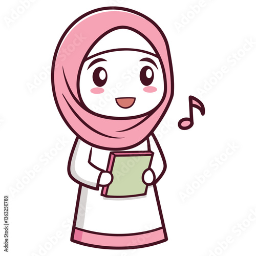 Cute Cartoon Muslim Girl with Pink Hijab Holding Book with Transparent Background
