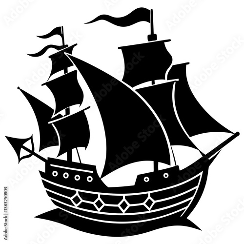 pirate ship black silhouette vector, Simple silhouette Design vector icon with white background.