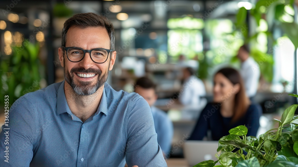 Career development networking mentorship coaching. Smiling man in a modern office with greenery in the background. Career development networking mentorship coaching. Smiling man in a modern office with greenery in the background.