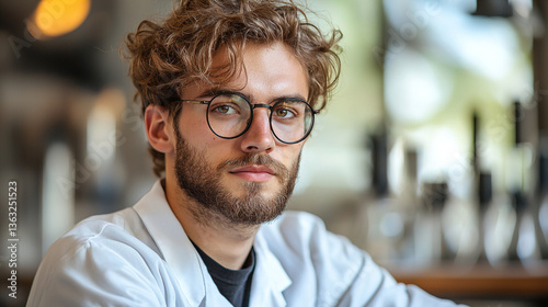 Young male scientist with glasses in lab coat poses thoughtfully in a modern laboratory setting during the day