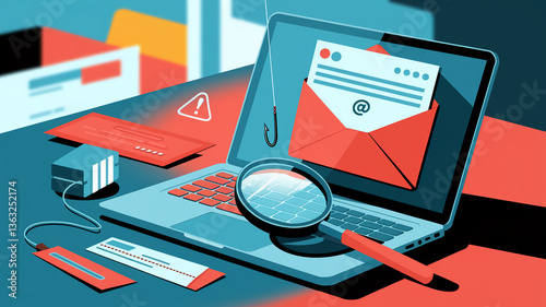 Laptop with phishing email, magnifying glass, and credit cards, illustrating online fraud and security risks, symbolizing digital threats and the need for caution online