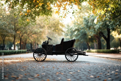 vintage horse-drawn carriage stands elegantly on cobblestone street beneath canopy of autumn leaves