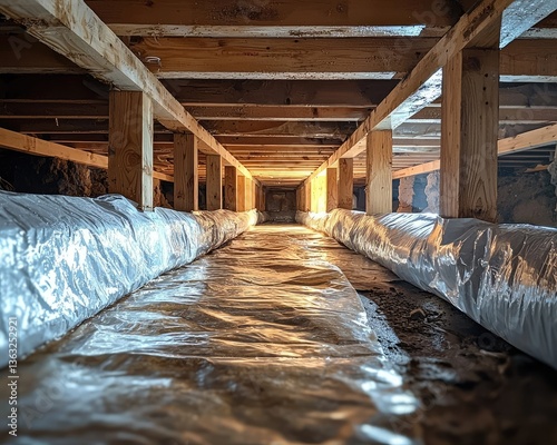 View of a crawl space beneath a house, showcasing wooden beams, plastic sheeting, and lighting