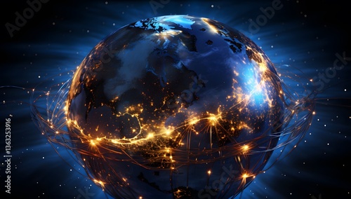 Earth Globe with City Lights and Network Connections Shining Brightly