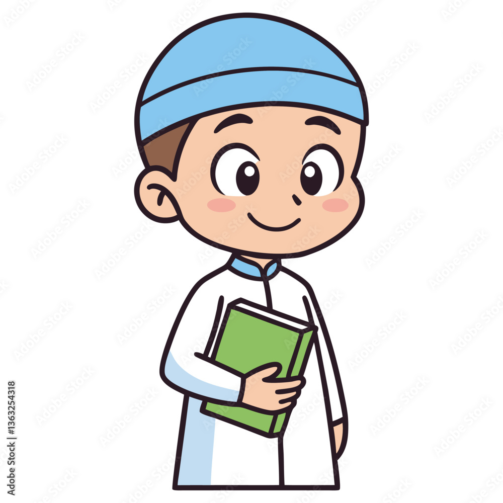 Cartoon Smiling Muslim Boy in Blue Cap Holding Book with Transparent Background Cartoon Smiling Muslim Boy in Blue Cap Holding Book with Transparent Background