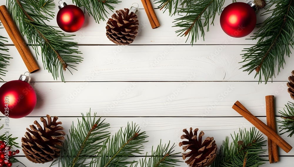Rustic Christmas Ornaments with Pine Branches, Pinecones, Cinnamon Sticks on White Wooden Background for Festive Winter Decor Rustic Christmas Ornaments with Pine Branches, Pinecones, Cinnamon Sticks on White Wooden Background for Festive Winter Decor