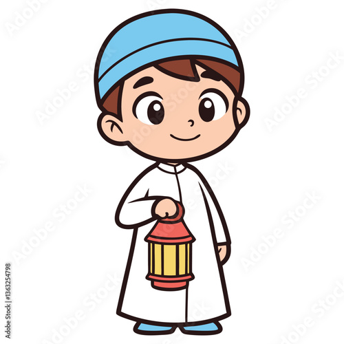 Cartoon Arab Boy in Thobe Holding Lantern Isolated with Transparent Background