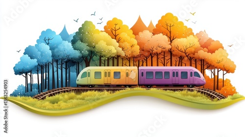 A colorful train, complete with smiling faces and whimsical details, chugging along a winding railway, ready to embark on a fun-filled coloring adventure.  photo