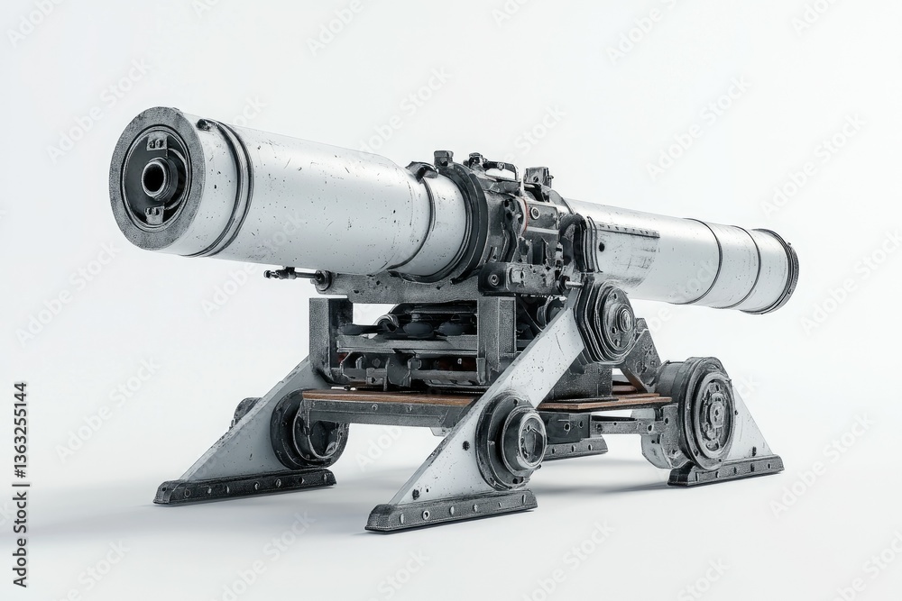 Fototapeta premium Isolated Cannon Displaying Its Metallic and Mechanical Intricacies on White Background