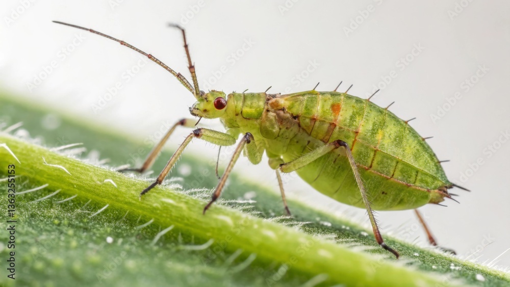 Fototapeta premium Single Green Aphid on Hairy Leaf Surface, Macro Close-Up, Minimalist White Background, Insect Study and Pest Control Awareness
