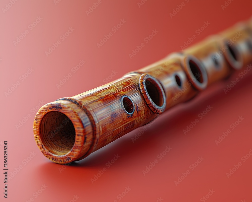Naklejka premium Close-up of a beautifully crafted bamboo flute on a vibrant background