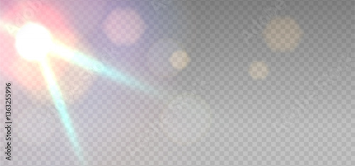 Iridescent crystal leak glare reflection effect. Optical rainbow ray lights, glare, leak, streak overlay. Vector colorful lenses and light flares with transparent effects on light background.