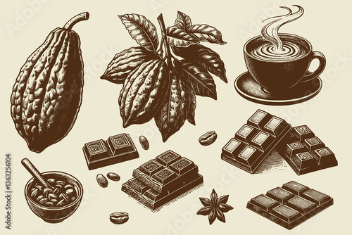 Vintage cacao and chocolate engraving with pods, beans, and drinks
