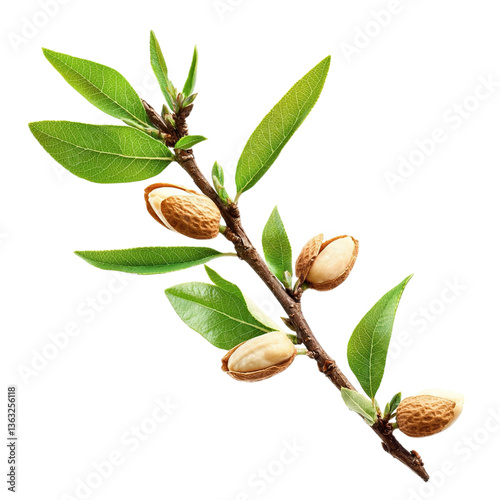 Almond branch with ripe nuts, and green leaves.