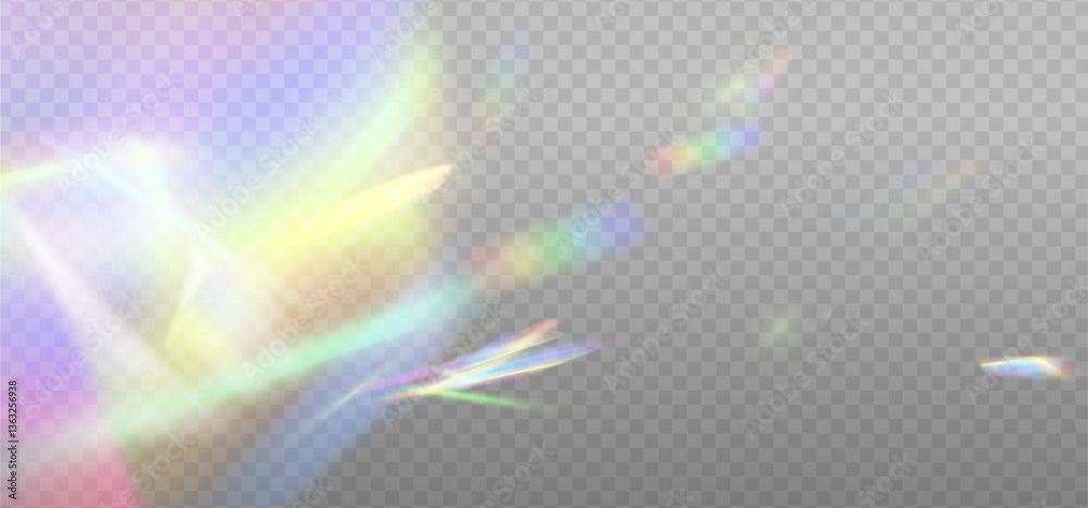 Rainbow dispersion highlights overlay template on a light background. Holographic Glare or reflection from water and glass. Glittering particles for social media backgrounds, photo shots. Vector eps10