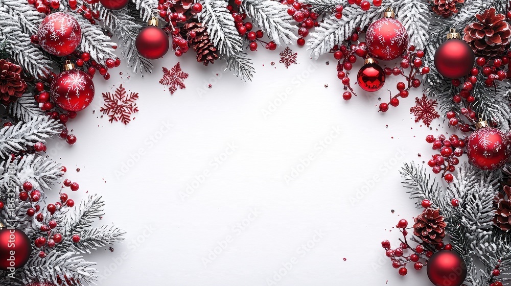 A festive frame, adorned with snowflakes, baubles, and tinsel, encircles a blank canvas, inviting creativity and anticipation as the winter holiday spirit unfolds within its embrace. A festive frame, adorned with snowflakes, baubles, and tinsel, encircles a blank canvas, inviting creativity and anticipation as the winter holiday spirit unfolds within its embrace.