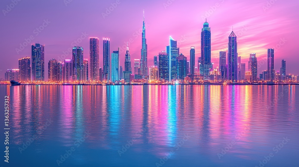 Fototapeta premium A futuristic city skyline, glowing with neon lights and towering skyscrapers, encapsulating the energy and innovation of a high-tech metropolis. 