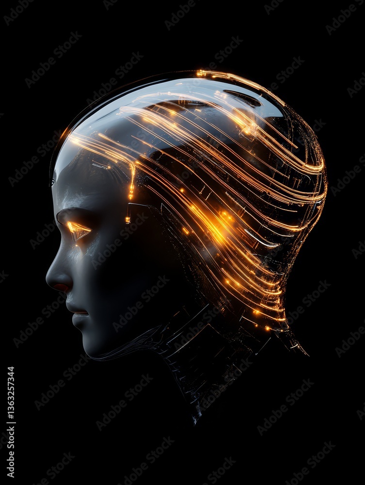Obraz premium Mind: Artificial Intelligence Concept - Abstract profile of a robotic head with glowing neural pathways, illustrating AI and futuristic technology