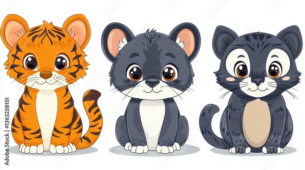 A menagerie of exotic creatures: a playful kangaroo, a majestic tiger, a languid sloth, and a graceful bat, all rendered in simple, thick lines ideal for kids' coloring books or vectorized illustratio A menagerie of exotic creatures: a playful kangaroo, a majestic tiger, a languid sloth, and a graceful bat, all rendered in simple, thick lines ideal for kids' coloring books or vectorized illustratio