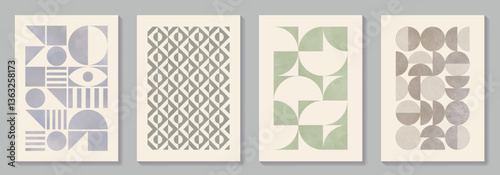 Abstract geometric bauhaus patterns background vector set with texture. Minimalist template for interior, cover, flyer, ads. Modern printable posters. Vintage vector illustrations.