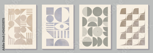 Abstract geometric bauhaus patterns background vector set with texture. Minimalist template for interior, cover, flyer, ads. Modern printable posters. Vintage vector illustrations.