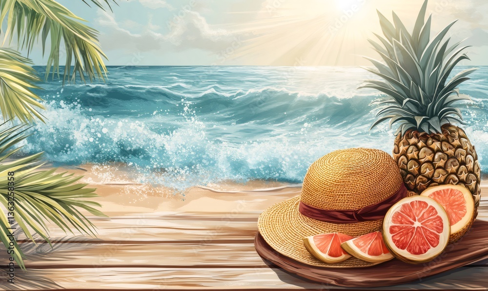 Obraz premium Summer scene with pineapple, grapefruit slices, and a straw hat on a wooden surface overlooking a sunny beach with ocean waves