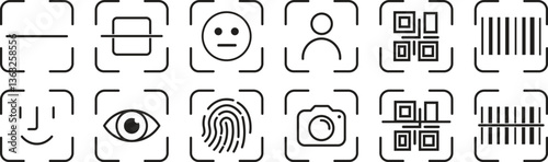 Recognition, biometric identification icon set. QR Code, Bar Code, fingerprint, face recognition and retinal scan icons. Authentication and cyber security vector graphic editable stroke.