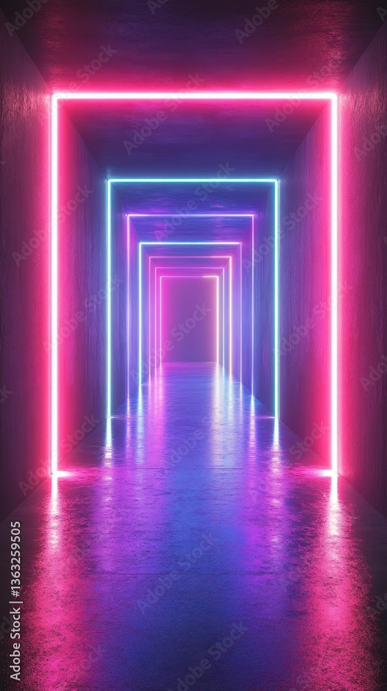 Illuminated tunnel with vibrant neon lights in a reflective corridor at night Illuminated tunnel with vibrant neon lights in a reflective corridor at night