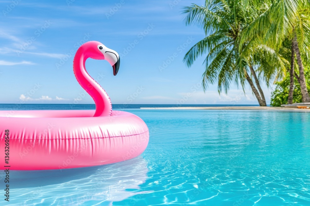 Fototapeta premium Vibrant summer pool atmosphere featuring large pink flamingo float in clear turquoise water with palm trees and bright blue sky