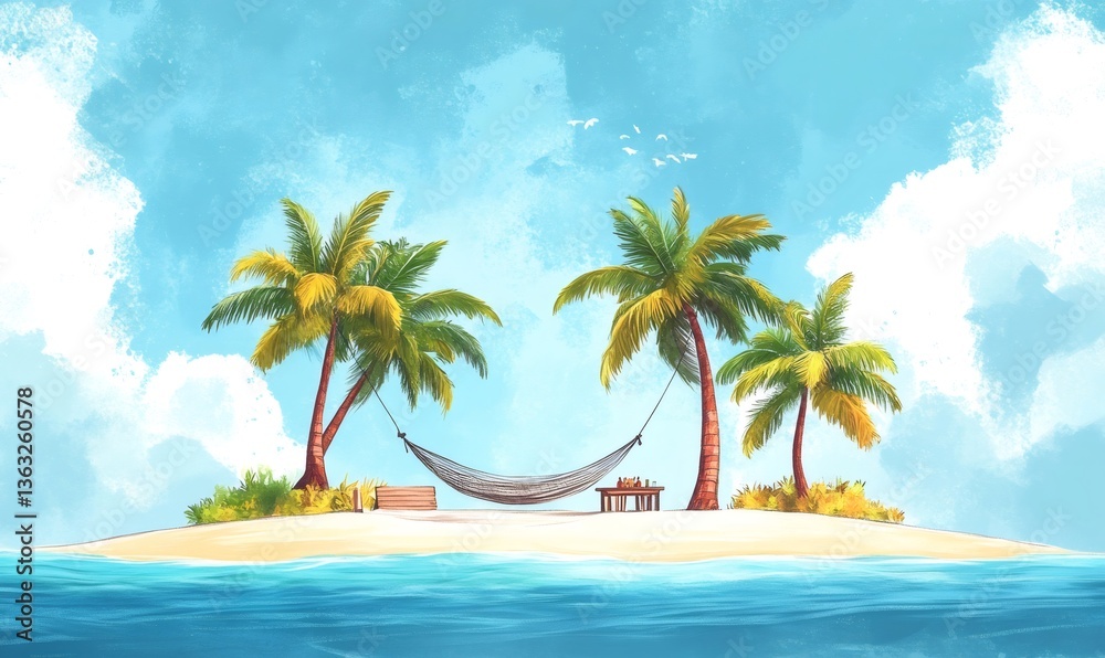 Obraz premium Hammock hanging between palm trees on idyllic tropical island with chessboard and drinks, concept of vacation, leisure and freedom