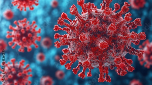 3D visualization of coronavirus particles showcasing their spikes and structure against a blurred blue backdrop, emphasizing their role in medical research and public health studies