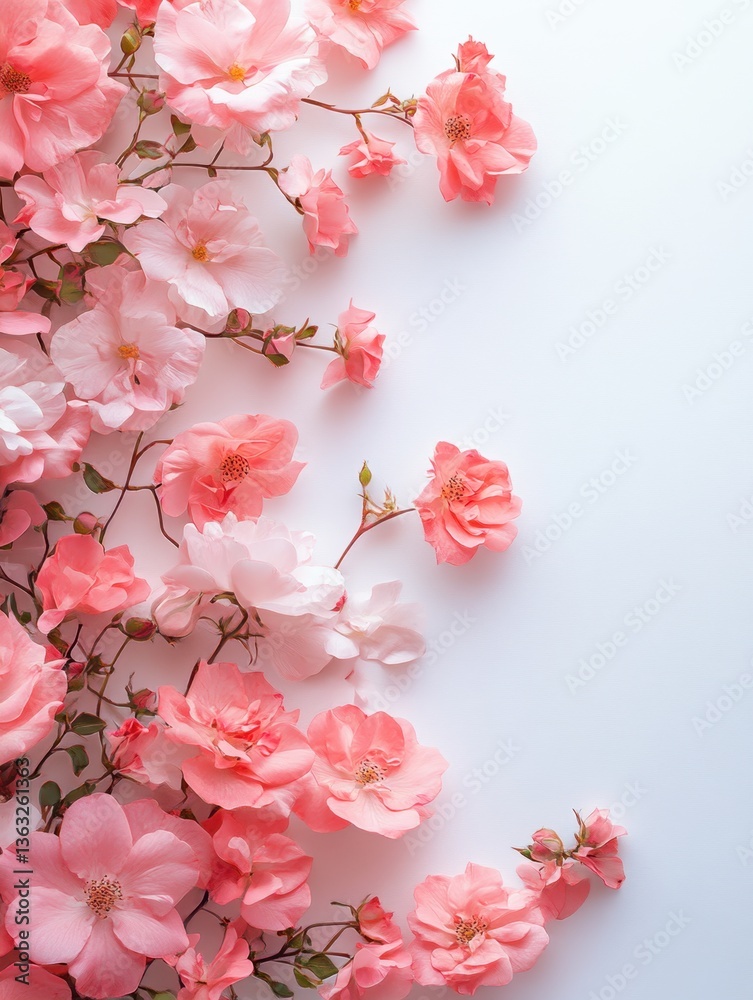 Obraz premium Delicate coral roses cascade across a pristine white surface creating a soft romantic floral arrangement perfect for spring