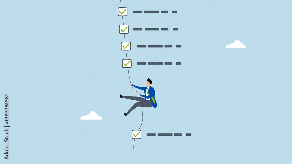 Finish checklist or todo list, 4k animation of entrepreneur ascending rope while marking off tasks on work list. 