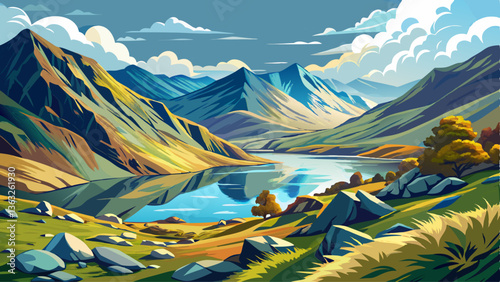Beautiful landscape Snowdon National Park in North Wales overlooking Llyn Llydaw lake