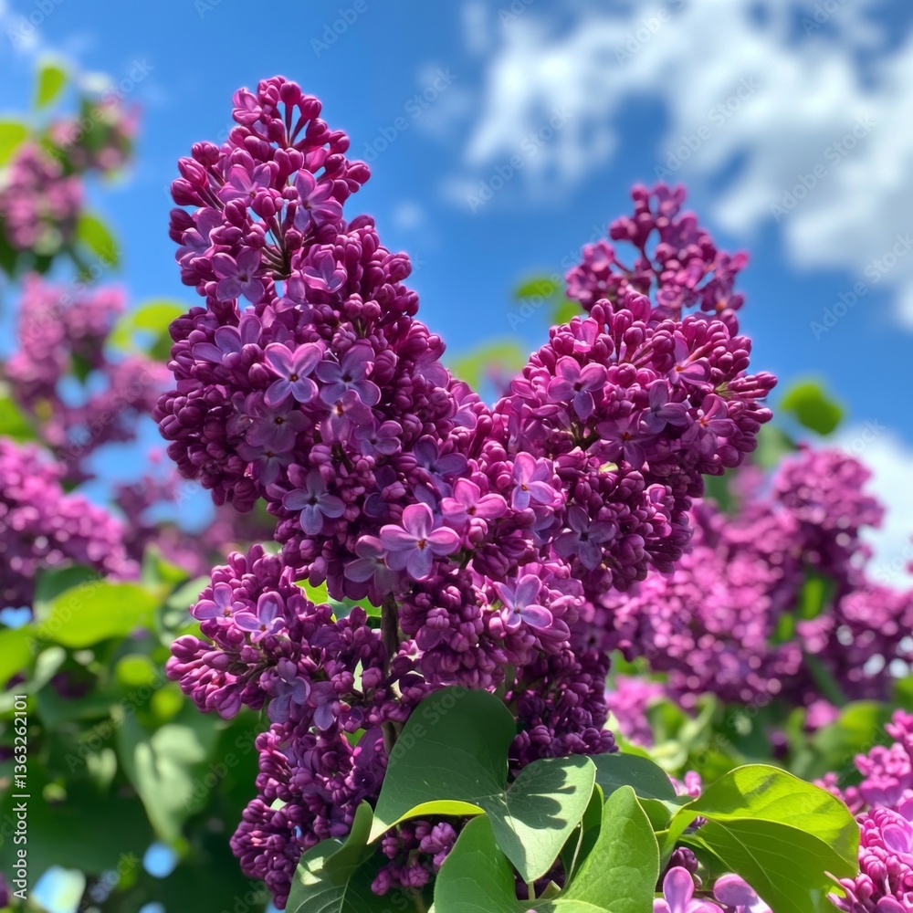 Lilac blossoms showcase their rich purple hues under the bright blue sky, signifying the beauty of spring and nature's renewal Generative AI Lilac blossoms showcase their rich purple hues under the bright blue sky, signifying the beauty of spring and nature's renewal Generative AI