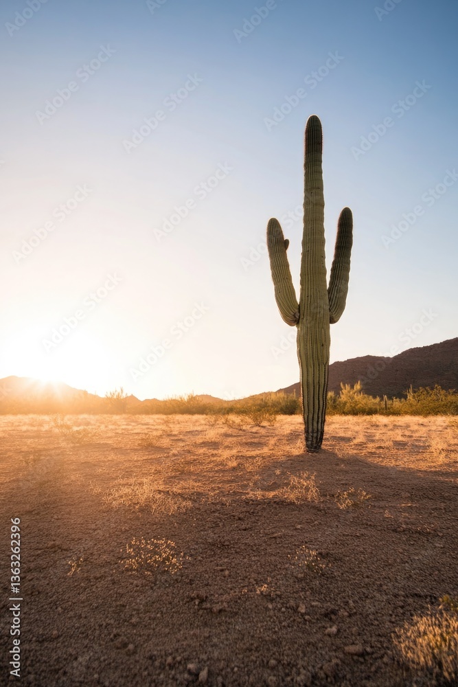 solitary cactus stands tall in arid desert landscape under golden glow of setting sun casting long shadows over undisturbed solitary cactus stands tall in arid desert landscape under golden glow of setting sun casting long shadows over undisturbed