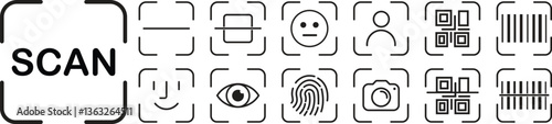 Recognition, biometric identification icon set. QR Code, Bar Code, fingerprint, face recognition and retinal scan icons. Authentication and cyber security vector graphic editable stroke.