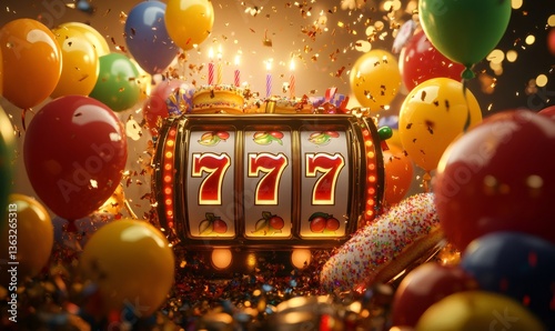 Golden slot machine displaying 777 jackpot surrounded by colorful balloons, birthday cake with lit candles, confetti, and donuts, celebrating a big win