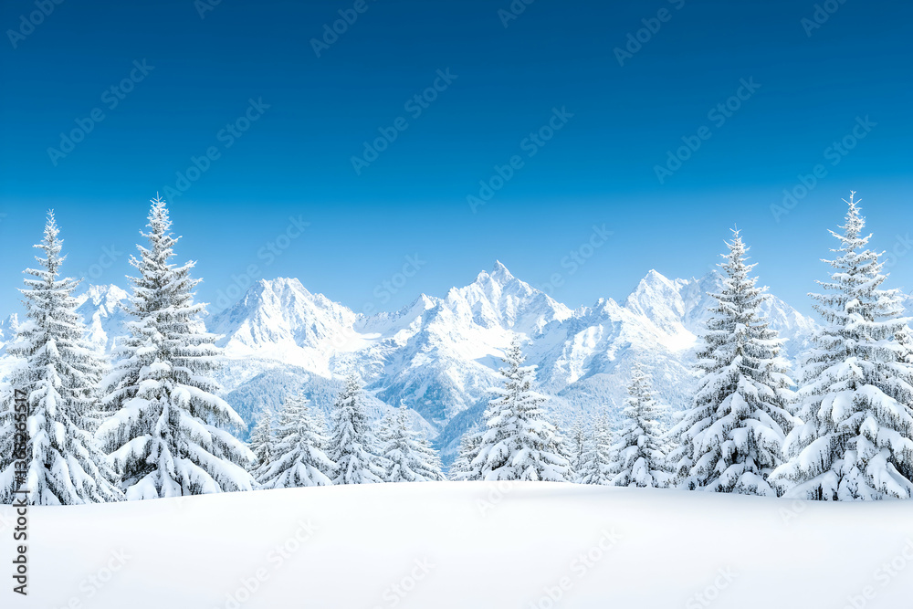 Fototapeta premium Snow-covered evergreen trees before majestic, snow-capped mountains under a vibrant blue sky