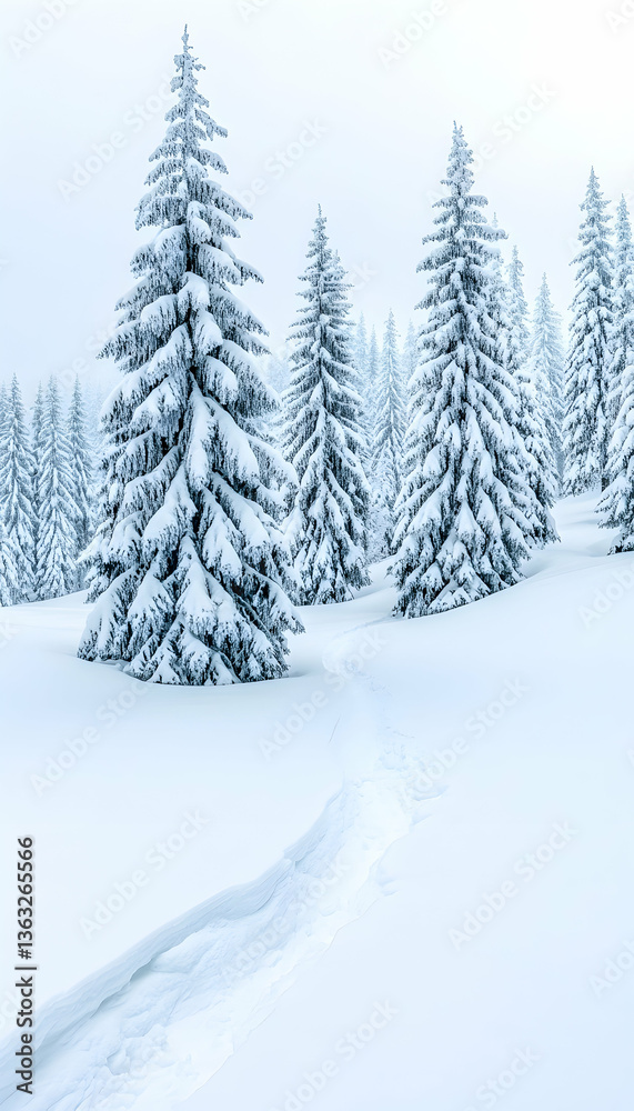 Naklejka premium Snow-covered evergreen trees in a winter wonderland, path through deep snow