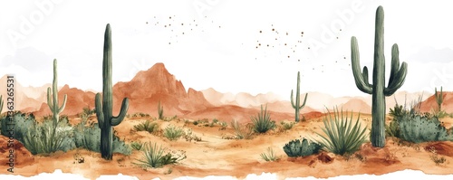 Scenic desert landscape with cacti, mountains, and sand dunes, depicted in a watercolor painting style