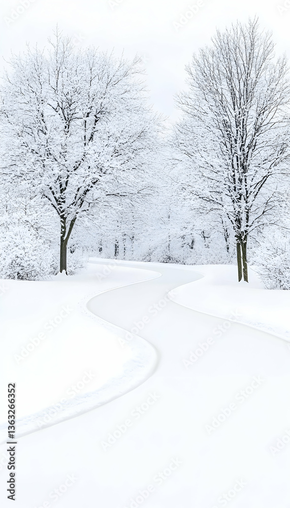 Snow-covered path winding through a snowy park with leafless trees Snow-covered path winding through a snowy park with leafless trees