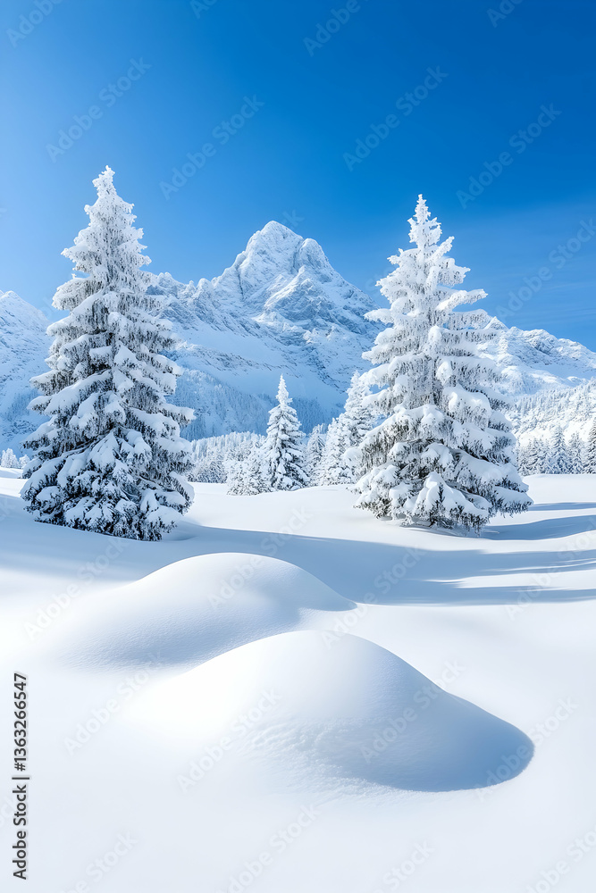 Snow-covered pines stand in a pristine, snow-dusted alpine valley, with a majestic mountain peak in the background under a brilliant blue sky Snow-covered pines stand in a pristine, snow-dusted alpine valley, with a majestic mountain peak in the background under a brilliant blue sky