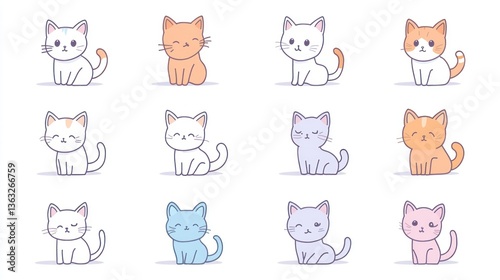 Twelve cartoon cats sitting in rows with a white background, for kids design