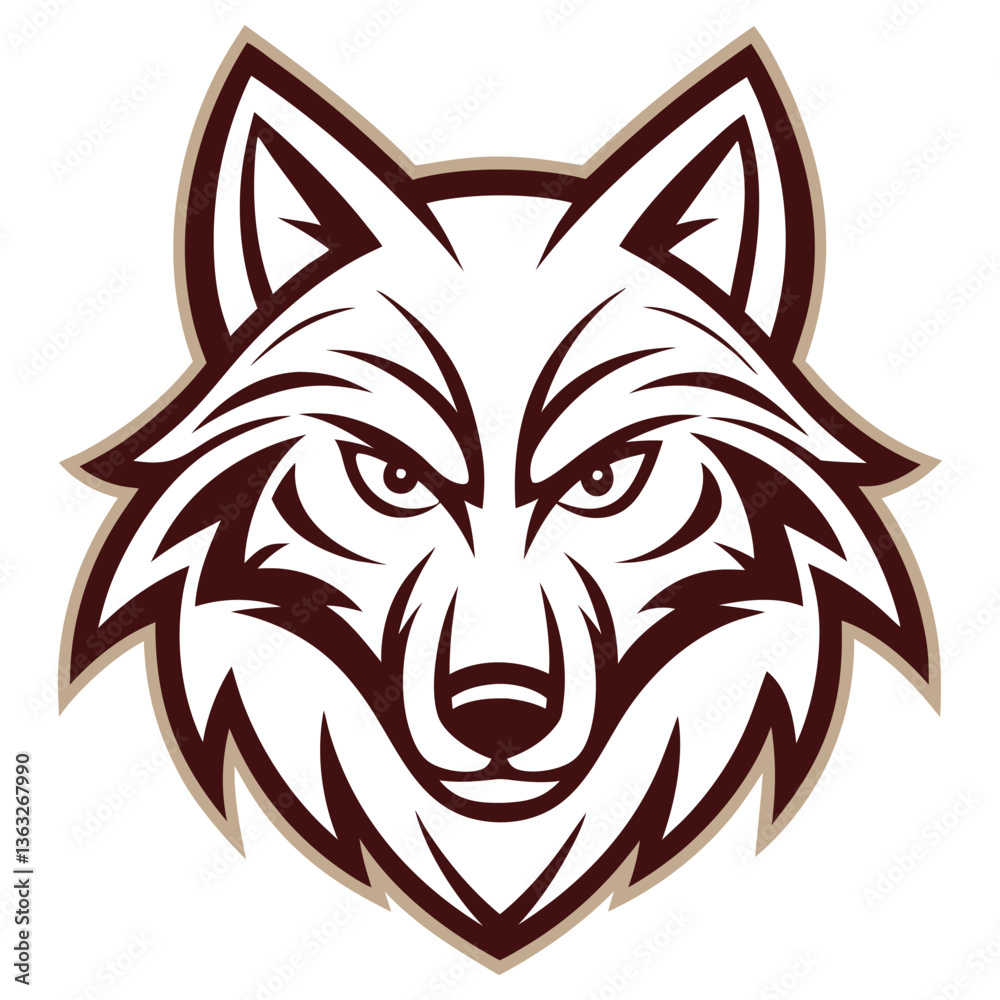 Obraz premium Detailed Wolf Head Mascot Logo in Maroon and Beige on White Background